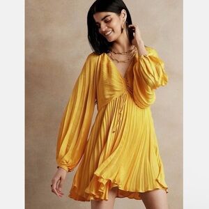 Banana Republic Yellow Pleated Long-Sleeve Mini Dress, Size 8